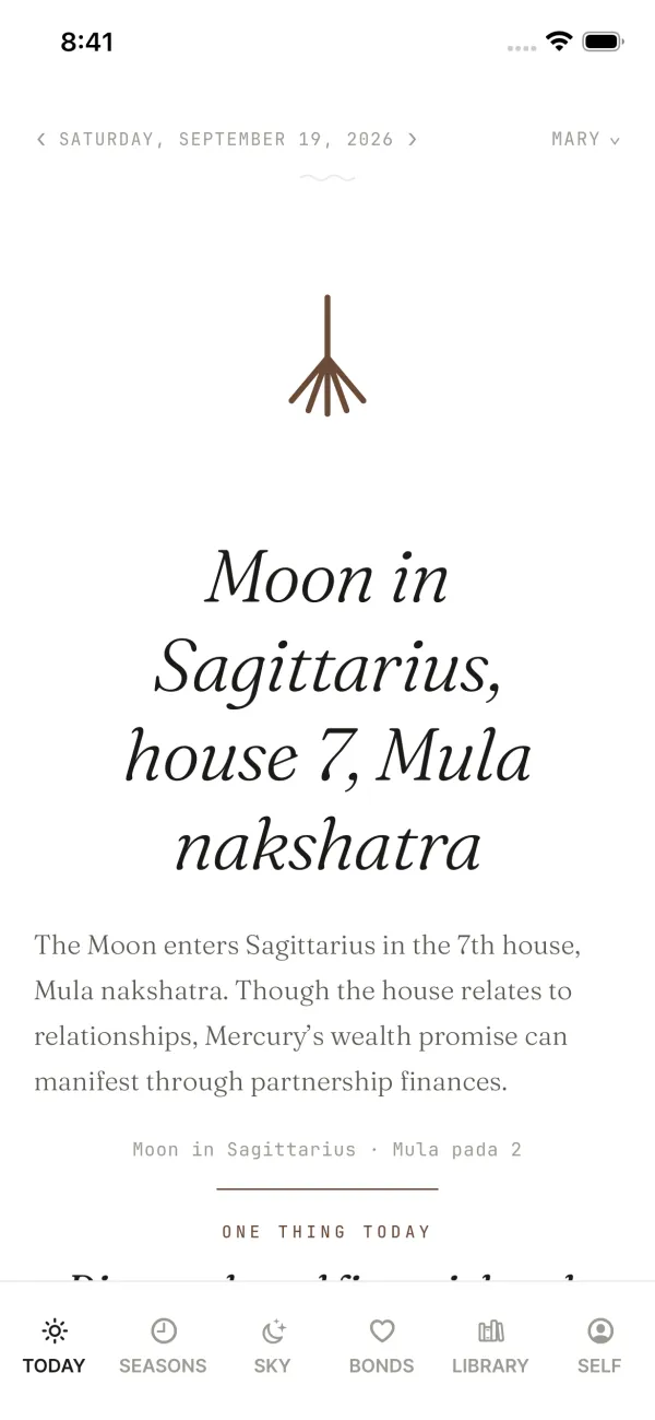 The DestinySync Today screen for the Mary Winters demo profile, reading "Moon in Sagittarius, house 7, Mula nakshatra" for Saturday, September 19, 2026