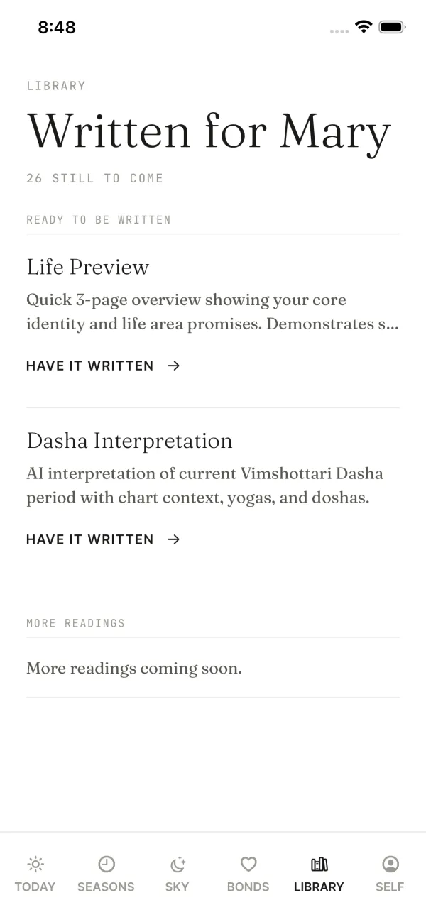 The DestinySync Library screen, "Written for Mary," showing Life Preview and Dasha Interpretation ready to be written, and 26 more readings still to come