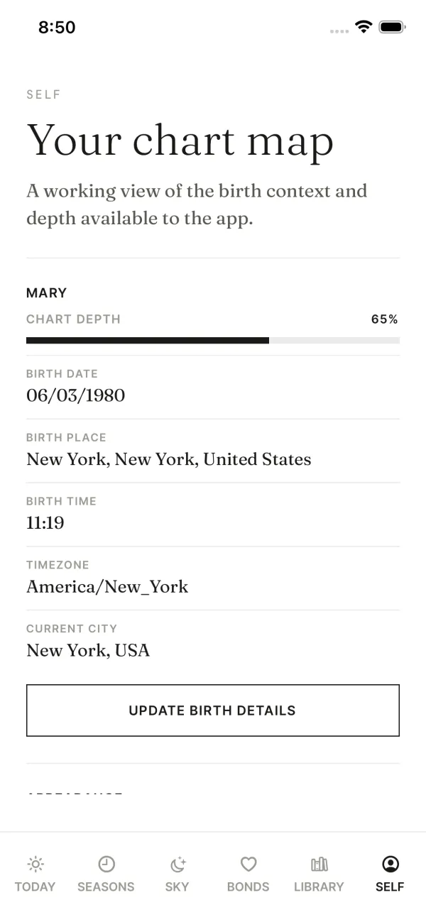 The DestinySync Self screen for Mary, showing chart depth at 65 percent and her birth date, birth place, birth time, timezone and current city, with an update birth details button