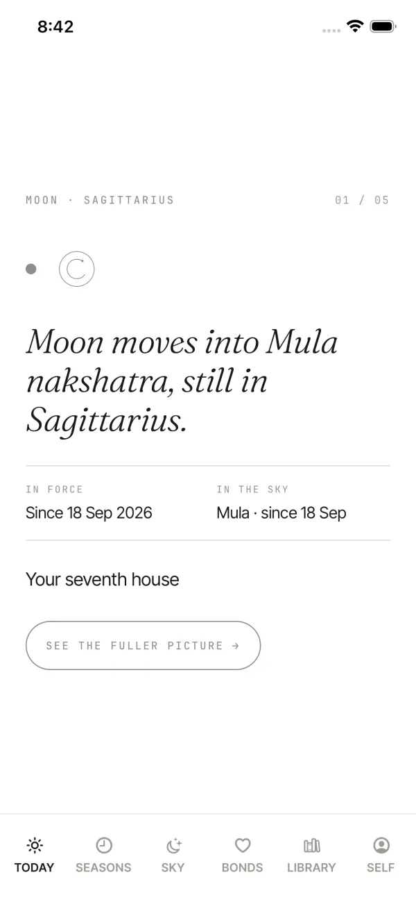 The DestinySync Today screen showing a swipeable panchang card: "Moon moves into Mula nakshatra, still in Sagittarius," with in-force and in-the-sky dates and a link to the seventh house