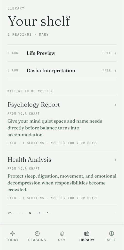 DestinySync Library screen, showing the free readings and the deeper reports shelf