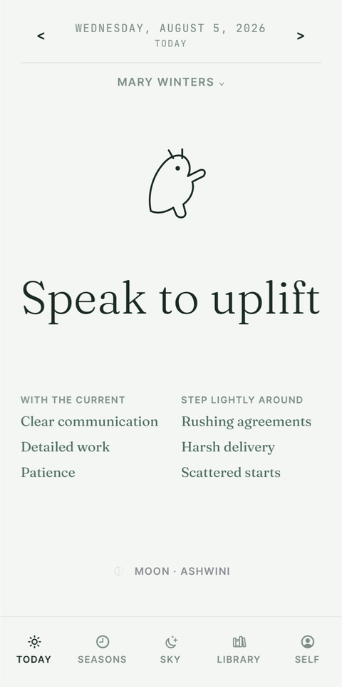 DestinySync Today screen, a daily reading for the Mary Winters demo profile