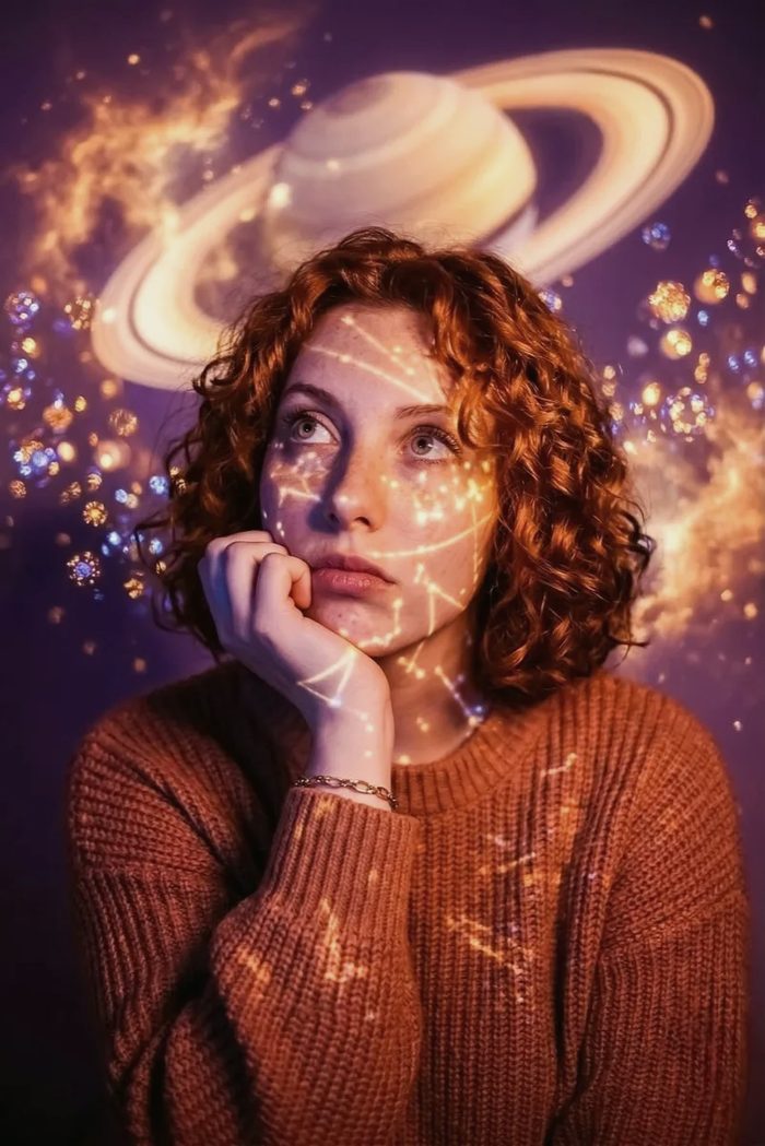 A woman with a birth chart of constellations and planets projected across her face